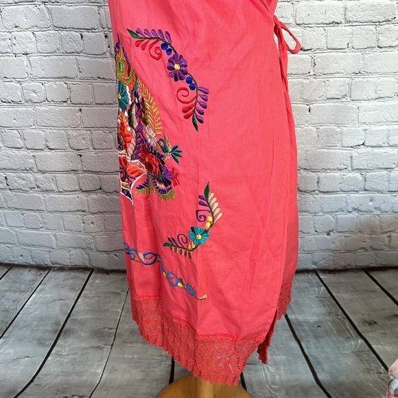 Mexican Embroidered Coral Floral Caftan Shift Oaxacan Peasant Boho Dress XL NWOT - Picture 15 of 16
